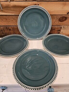Vtg 50's MCM Harker Pottery Corinthian Green 10" Dinner Plates Set Of 4
